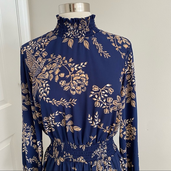 Nanette Lepore Smocked High Neck Dress Floral Navy - Picture 3 of 7